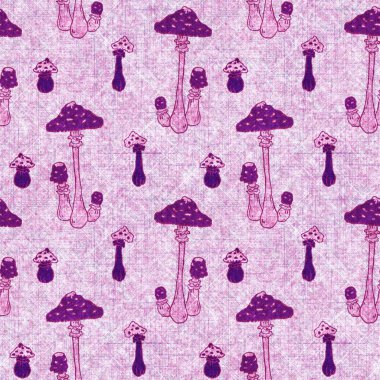 Mantar pembesi kumaş dokusu deseni. Kusursuz örülmüş orman mantarı dekoru desenli tuval sonbaharı. .