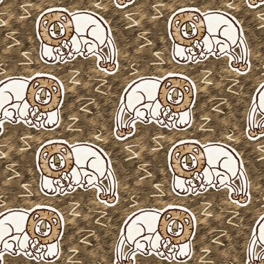 Bebek odası dekorasyonu için şirin bir safari aslanı deseni. Kusursuz kürklü kahverengi desenli büyük kedi cinsiyeti nötr iz tasarımı. 