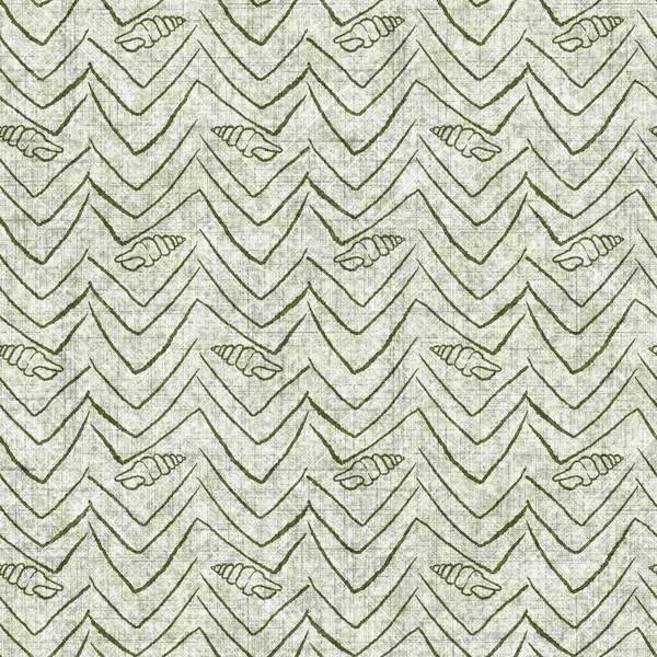 Seashell seamless hand drawn linen style pattern. Organic marine life natural tone on tone design for throw pillow, soft furnishing. Modern green coastal ocean home decor.