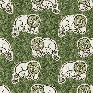 Bebek odası dekorasyonu için şirin bir safari aslanı deseni. Kusursuz kürksüz yeşil desenli cinsiyet nötr iz tasarımı. 