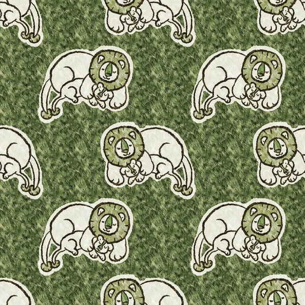 Niedliche Safari Löwe Wildtier Muster für Babys Raum Dekor. Nahtloses pelziges, grün strukturiertes, geschlechtsneutrales Print-Design. — Stockfoto