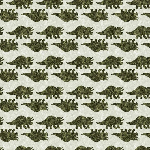 Πράσινο χέρι που triceratops δεινόσαυρος αδιάλειπτη μοτίβο. Ουδέτερη Ιουρασική σιλουέτα απολιθωμάτων για βρεφικό σταθμό. Φύλο ουδέτερη διακόσμηση σπιτιού για μουσείο, εξαφάνιση και σχεδιασμό υφασμάτων. — Φωτογραφία Αρχείου
