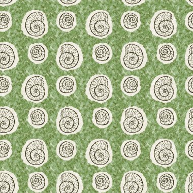 Yeşil el, ammonit fosilini dikişsiz desen olarak çizdi. Cinsiyet Tarafsız Jurasik siluet. Müze, neslin tükenmesi ve tekstil tasarımı için ev dekorasyonu. 