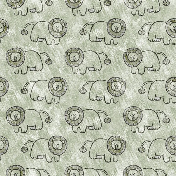 Cute safari lew dziki wzór zwierząt dla dzieci pokój wystrój. Bezszwowe futra zielony teksturowane płeć neutralny projekt druku. — Zdjęcie stockowe