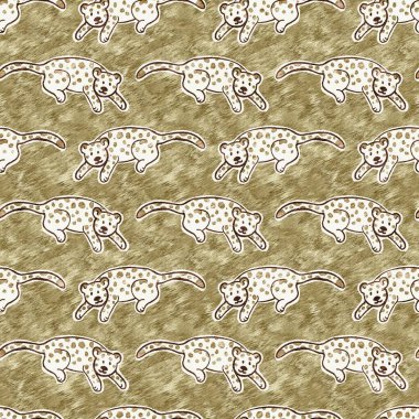 Bebek odası dekorasyonu için şirin bir safari vahşi leopar deseni. Kusursuz büyük kedi kürklü kahverengi cinsiyet şekilli nötr iz tasarımı. 