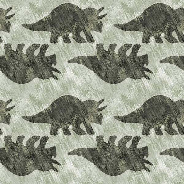 Green hand drawn triceratops dinosaur seamless pattern. Gender Neutral Jurassic fossil silhouette for baby nursery. Gender neutral home decor for museum, extinction and textile design. — Stok Foto