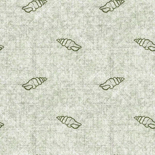 貝殻のシームレスな手描きリネンスタイルパターン。投げ枕、柔らかい家具のためのトーンデザイン上の有機海洋生物の自然なトーン。近代的な緑の海岸の海の家の装飾. — ストック写真