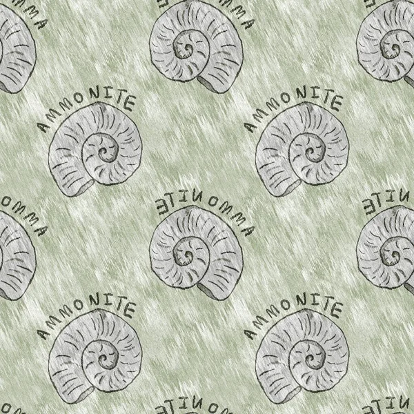 Green hand drawn ammonite fossil seamless pattern. Gender Neutral Jurassic silhouette. Home decor for museum, extinction and textile design.