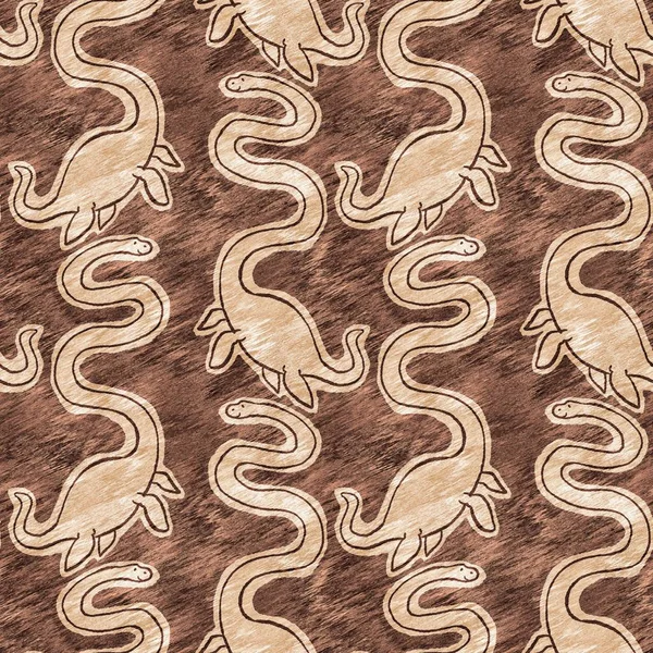 Brown hand drawn plesiosaur dinosaur seamless pattern. Gender Neutral Jurassic fossil silhouette for baby nursery. Gender neutral home decor for museum, extinction and textile design. — Stock Photo, Image