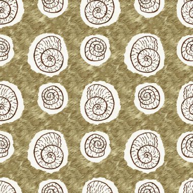 Yeşil el, ammonit fosilini dikişsiz desen olarak çizdi. Cinsiyet Tarafsız Jurasik siluet. Müze, neslin tükenmesi ve tekstil tasarımı için ev dekorasyonu. 