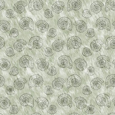 Yeşil el, ammonit fosilini dikişsiz desen olarak çizdi. Cinsiyet Tarafsız Jurasik siluet. Müze, neslin tükenmesi ve tekstil tasarımı için ev dekorasyonu. 