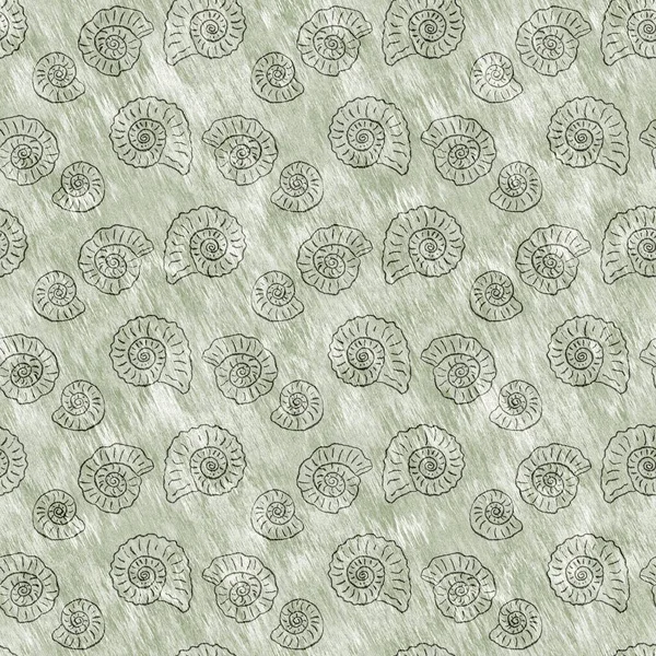 Зелена рука намальована безшовним візерунком для викопного амоніту. Гендерний нейтральний юрський силует. Декор будинку для музею, вимирання та дизайну текстилю . — стокове фото