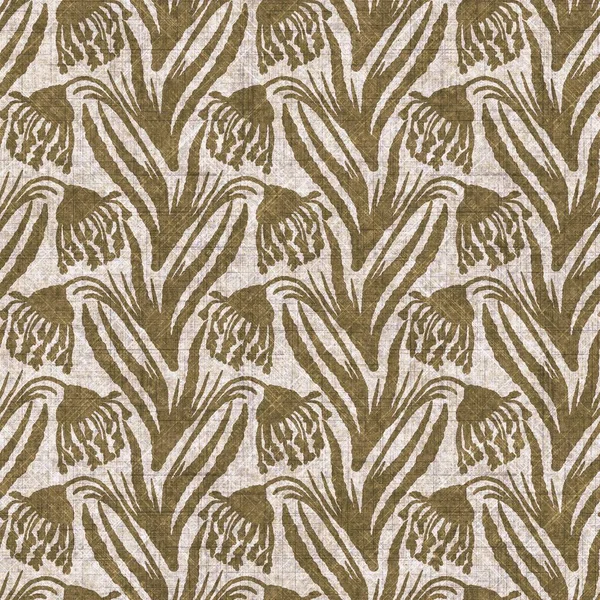 Sepia nötr botanik yaprak dikişsiz keten deseni. Yastık fırlatmak ve mobilya yapmak için organik doğal ton yeşilliği tasarımı. Modern bej kahverengi nötr ev dekorasyonu tekstil kumaşı.