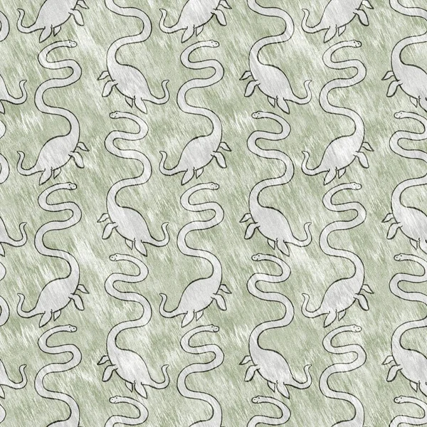 Green hand drawn plesiosaur dinosaur seamless pattern. Gender Neutral Jurassic fossil silhouette for baby nursery. Gender neutral home decor for museum, extinction and textile design. — Stock Photo, Image