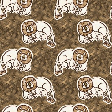 Bebek odası dekorasyonu için şirin bir safari aslanı deseni. Kusursuz kürklü kahverengi desenli büyük kedi cinsiyeti nötr iz tasarımı. 