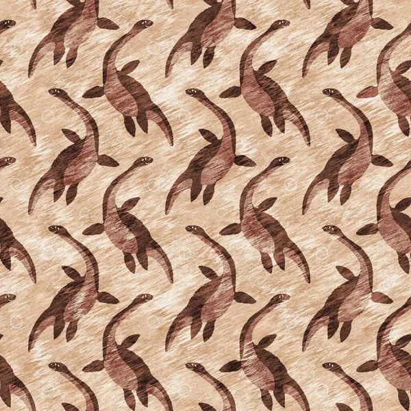 Brown hand drawn plesiosaur dinosaur seamless pattern. Gender Neutral Jurassic fossil silhouette for baby nursery. Gender neutral home decor for museum, extinction and textile design. — Foto de Stock