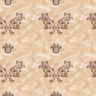 Bebek odası dekorasyonu için şirin safari leoparı vahşi hayvan deseni. Kusursuz büyük kedi kürklü kahverengi cinsiyet şekilli nötr iz tasarımı. 