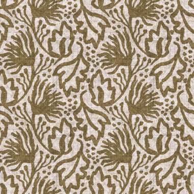 Sepia nötr botanik yaprak dikişsiz keten deseni. Yastık fırlatmak ve mobilya yapmak için organik doğal ton yeşilliği tasarımı. Modern bej kahverengi nötr ev dekorasyonu tekstil kumaşı.