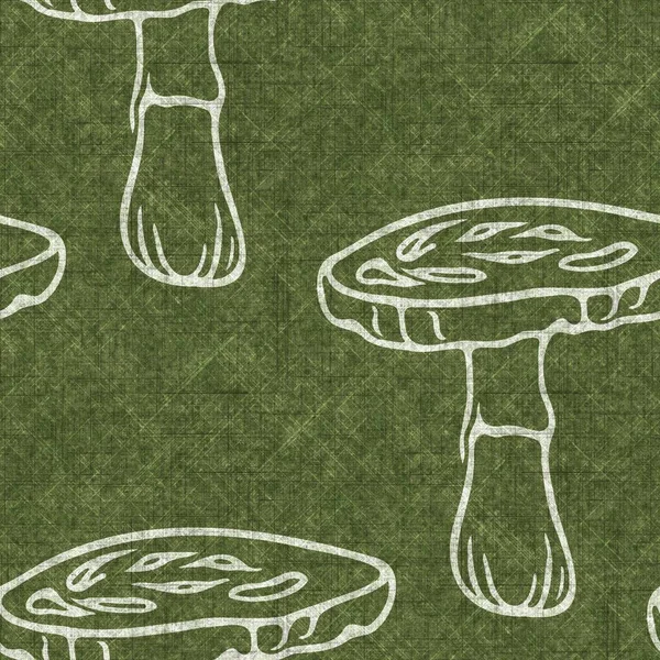 Mushroom seamless hand drawn linen style pattern. Organic fungi natural tone on tone design for throw pillow, soft furnishing. Modern green woodland home decor. —  Fotos de Stock