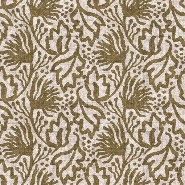 Sepia nötr botanik yaprak dikişsiz keten deseni. Yastık fırlatmak ve mobilya yapmak için organik doğal ton yeşilliği tasarımı. Modern bej kahverengi nötr ev dekorasyonu tekstil kumaşı.