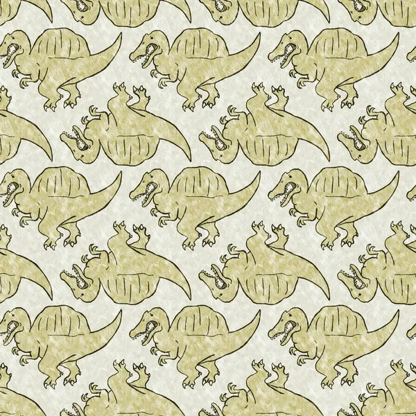 Green hand drawn Spinosaurus dinosaur seamless pattern. Gender Neutral Jurassic fossil silhouette for baby nursery. Home decor for museum, extinction and textile design. 