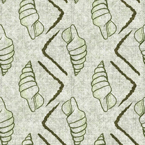 Seashell seamless hand drawn linen style pattern. Organic marine life natural tone on tone design for throw pillow, soft furnishing. Modern green coastal ocean home decor. — Stok fotoğraf