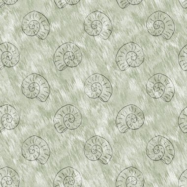 Yeşil el, ammonit fosilini dikişsiz desen olarak çizdi. Cinsiyet Tarafsız Jurasik siluet. Müze, neslin tükenmesi ve tekstil tasarımı için ev dekorasyonu. 