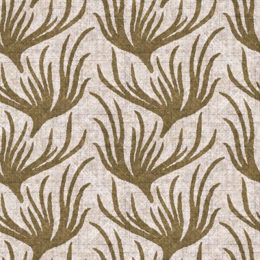 Sepia nötr botanik yaprak dikişsiz keten deseni. Yastık fırlatmak ve mobilya yapmak için organik doğal ton yeşilliği tasarımı. Modern bej kahverengi nötr ev dekorasyonu tekstil kumaşı.