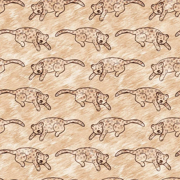 Söt safari leopard vilda djur mönster för spädbarn rumsinredning. Sömlös stor katt lurvig brun texturerad könsneutral tryck design. — Stockfoto