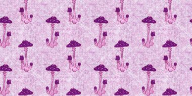 Mantar pembesi kumaş dokusu kenarı etkisi. Kanvas sonbahar kurdelesi için kusursuz örülmüş orman mantarı dekoratif baskısı.