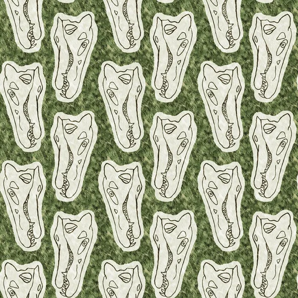 Mano verde dibujada Spinosaurus huesos fósiles dinosaurio patrón sin costura. Silueta Jurásica Neutral de Género para la guardería infantil. Decoración del hogar para museo, extinción y diseño textil. —  Fotos de Stock