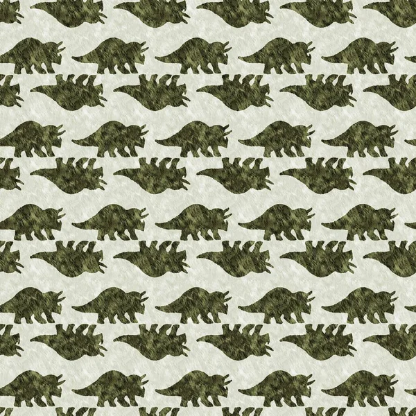 Tricératops dessinés à la main vert motif sans couture dinosaure. Silhouette fossile Jurassique neutre du genre pour la crèche. Décor de maison neutre pour le musée, l'extinction et le design textile. — Photo