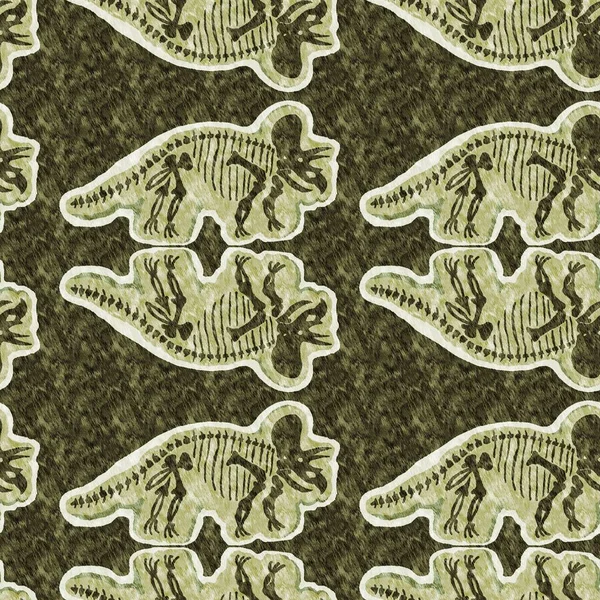 Green triceratops dinosaur fossil bones seamless pattern. Gender Neutral Jurassic silhouette for baby nursery. Gender neutral home decor for museum, extinction and textile design.
