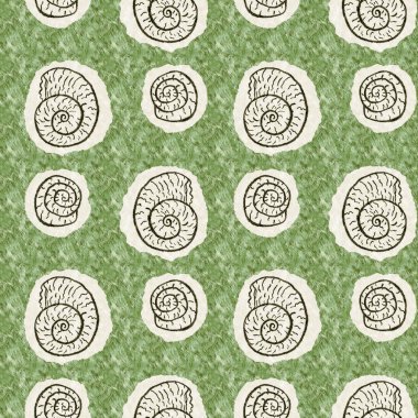 Yeşil el, ammonit fosilini dikişsiz desen olarak çizdi. Cinsiyet Tarafsız Jurasik siluet. Müze, neslin tükenmesi ve tekstil tasarımı için ev dekorasyonu. 