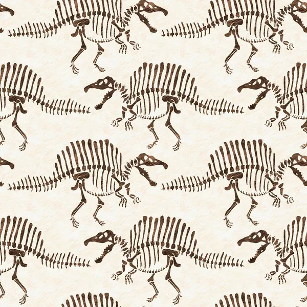 Brown hand drawn Spinosaurus fossil bones dinosaur seamless pattern. Gender Neutral Jurassic silhouette for baby nursery. Home decor for museum, extinction and textile design. —  Fotos de Stock