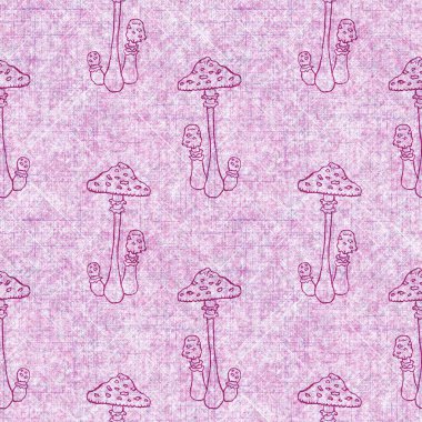 Mantar pembesi kumaş dokusu deseni. Kusursuz örülmüş orman mantarı dekoru desenli tuval sonbaharı. .