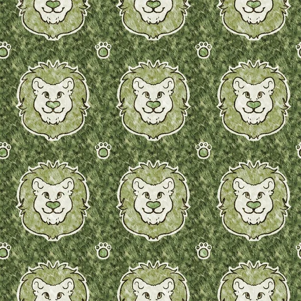 Cute safari lion wild animal pattern for babies room decor. Seamless furry green textured gender neutral print design. — Photo