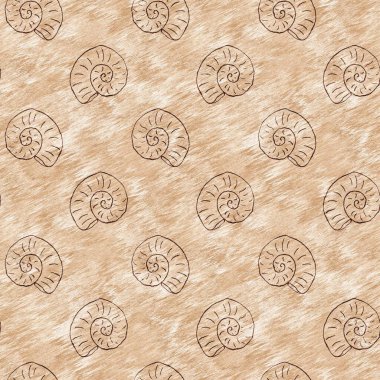 Yeşil el, ammonit fosilini dikişsiz desen olarak çizdi. Cinsiyet Tarafsız Jurasik siluet. Müze, neslin tükenmesi ve tekstil tasarımı için ev dekorasyonu. 