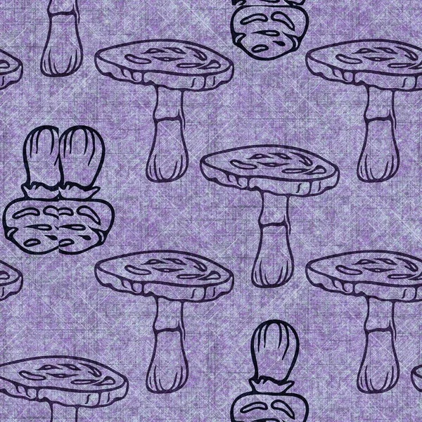 Mushroom seamless hand drawn linen style pattern. Organic fungi natural tone on tone design for throw pillow, soft furnishing. Modern purple woodland home decor. — Stock Photo, Image