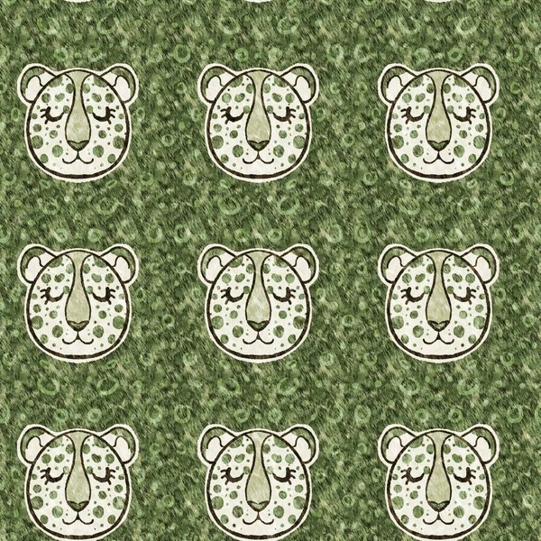 Niedliche Safari Leopard Wildtier Muster für Babys Raumdekor. Nahtloses pelziges, grün strukturiertes, geschlechtsneutrales Print-Design. — Stockfoto
