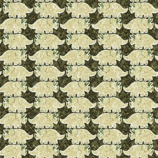 Green hand drawn triceratops dinosaur seamless pattern. Gender Neutral Jurassic fossil silhouette for baby nursery. Gender neutral home decor for museum, extinction and textile design. — Foto Stock