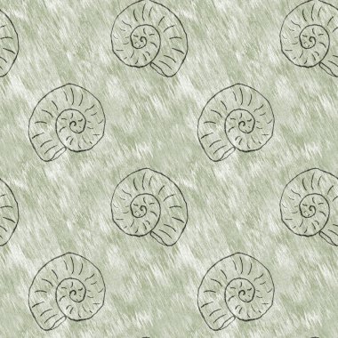 Yeşil el, ammonit fosilini dikişsiz desen olarak çizdi. Cinsiyet Tarafsız Jurasik siluet. Müze, neslin tükenmesi ve tekstil tasarımı için ev dekorasyonu. 