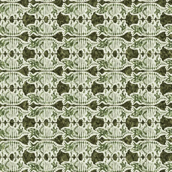 Green triceratops dinosaur fossil bones seamless pattern. Gender Neutral Jurassic silhouette for baby nursery. Gender neutral home decor for museum, extinction and textile design. — стоковое фото