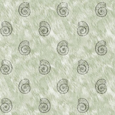 Yeşil el, ammonit fosilini dikişsiz desen olarak çizdi. Cinsiyet Tarafsız Jurasik siluet. Müze, neslin tükenmesi ve tekstil tasarımı için ev dekorasyonu. 