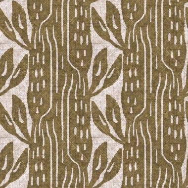 Sepia nötr botanik yaprak dikişsiz keten deseni. Yastık fırlatmak ve mobilya yapmak için organik doğal ton yeşilliği tasarımı. Modern bej kahverengi nötr ev dekorasyonu tekstil kumaşı.