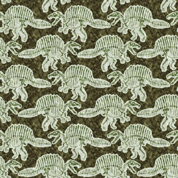 Green hand drawn Spinosaurus fossil bones dinosaur seamless pattern. Gender Neutral Jurassic silhouette for baby nursery. Home decor for museum, extinction and textile design. — Stockfoto