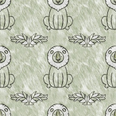 Bebek odası dekorasyonu için şirin bir safari aslanı deseni. Kusursuz kürksüz yeşil desenli cinsiyet nötr iz tasarımı. 