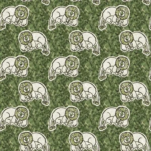 Lindo patrón animal salvaje de león safari para la decoración de la habitación de los bebés. Diseño de impresión neutro de género texturizado verde peludo sin costuras. —  Fotos de Stock