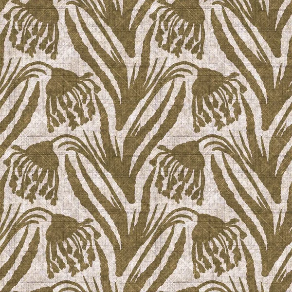 Sepia nötr botanik yaprak dikişsiz keten deseni. Yastık fırlatmak ve mobilya yapmak için organik doğal ton yeşilliği tasarımı. Modern bej kahverengi nötr ev dekorasyonu tekstil kumaşı.