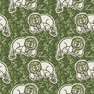Bebek odası dekorasyonu için şirin bir safari aslanı deseni. Kusursuz kürksüz yeşil desenli cinsiyet nötr iz tasarımı